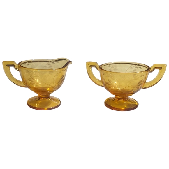 Cambridge Other - ⏳️Vintage⏳️RARE Cambridge Etch Cut Amber Glass Sugar & Creamer